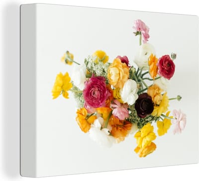 Canvas Schilderij Boeket van kleurrijke boterbloemen op een lichte achtergrond - 120x90 cm - Wanddecoratie