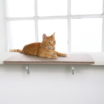 Famanu – Vensterbank kattenbed met verlenging, comfortabele kattenhangmat met kussen, zandkleur