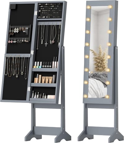 Vrijstaande spiegelkast met LED-verlichting en opbergruimte voor sieraden en make-up