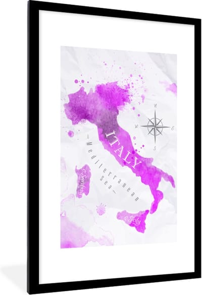 Poster in lijst - Fotolijst 60x90 cm - Posters - Wereldkaart - Roze - Italië - Posterlijst zwart - Decoratie - Wanddecoratie woonkamer - Muurdecoratie slaapkamer