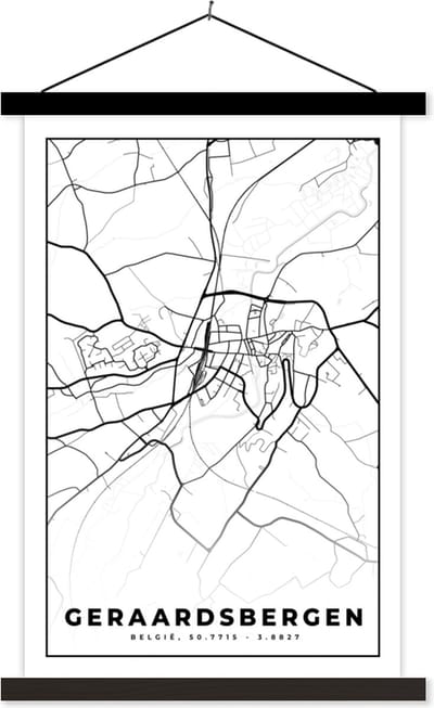 Posterhanger incl. Poster 40x60 cm - Schoolplaat - Kaart – Plattegrond – Stadskaart – Geraardsbergen – België – Zwart Wit - Textielposter - Zwarte latten - Stadskaart