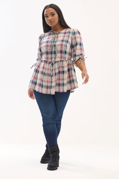 Yours Natuurlijke Bruine Geruite Top Met Strik Aan De Voorkant En Peplum Size 42