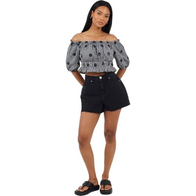 Brave Soul Dames-top met pofmouwen in Anglaise-gingham-motief (Zwart, Wit)