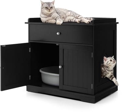 COSTWAY Kattenkast met lade en deur en ingang, 3-in-1 kattenhuis, bijzettafel, kast, kattenbak, kattenmand, huisdierbox, kattenmeubel (zwart)