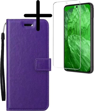 Hoesje Met Screenprotector - Geschikt voor Google Pixel 8a - Luxe Pasjeshouder - Bookcase Portemonee - Flip Case - Kunstleer Book Case - Flipcase - Book Cover - Walletcase - Portemonneehoes - Paars