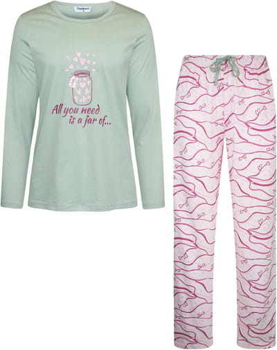 Gaubert Essential Dames Pyjama Lange Mouw - Broek met Zakken - Premium Gekamd Katoen - All you need is a jar of - Mintgroen - Maat S - GB-2808