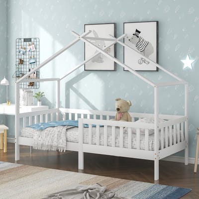Merax Kinderbed in Huisvorm 90x200 cm - Eenpersoonsbed met Massief Houten Frame en Veilige Omheining - Wit