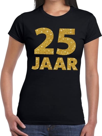 25 jaar verjaardag t-shirt - cadeau - zwart - dames - met gouden glitter print - jubileum - kleding XS