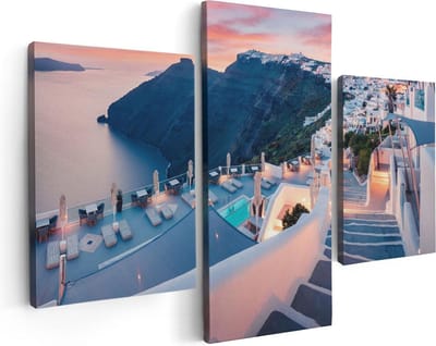 Artaza Canvas Schilderij Drieluik Luxe Huisjes aan de Kust in Fira, Griekenland - 90x60 - Foto Op Canvas - Canvas Print