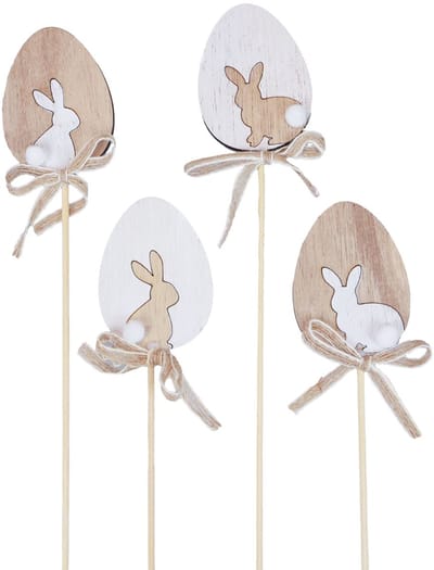Bloemenplug Paasdecoratie houten ei met konijntje naturel 5×7cm 12 st,