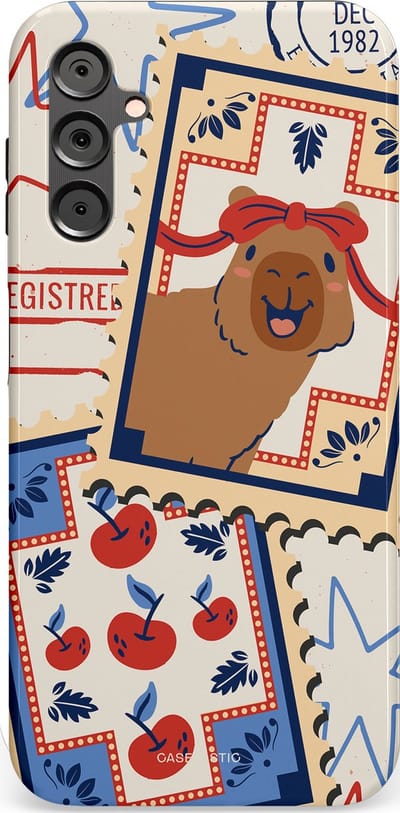 Casetastic hoesje geschikt voor Samsung Galaxy A14 (2023) 5G / Samsung Galaxy A14 (2023) 4G - Dubbellaagse bescherming - Kerst Capibara Post van de Noordpool - Fashion Case - Lichtgrijs Zand Terracotta