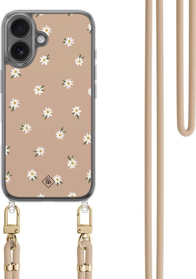 Casimoda® hoesje met koord - Geschikt voor iPhone 16 - Sweet Daisies - Afneembaar koord - TPU/polycarbonaat - Bruin/beige