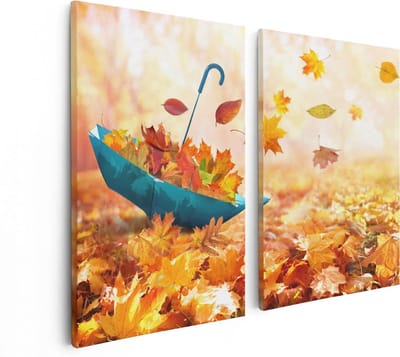 Artaza Canvas Schilderij Tweeluik Blauwe Paraplu in de Herfstbos met Bladeren - 80x60 - Foto Op Canvas - Canvas Print