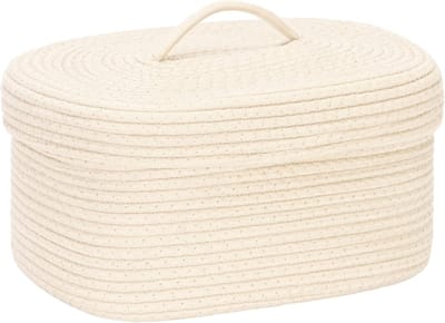 Team Ovale katoenen touw opbergmand met deksel, geweven opbergbak met deksel, opbergdoos voor kinderkamer, luiercaddy, babyshowermand, doos, organizer, 35 x 28 x 18 x 16 cm (medium, crème)