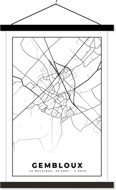 Posterhanger incl. Poster 40x60 cm - Schoolplaat - Kaart – Plattegrond – Stadskaart – Gembloux – België – Zwart Wit - Textielposter - Zwarte latten - Stadskaart