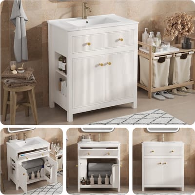 Badkamermeubel - 81x46,5 cm - Modern Waschtischunterschrank Met 1 Lade + 1 Deur Geribbeld Soft-Close - Keramiek - Wit