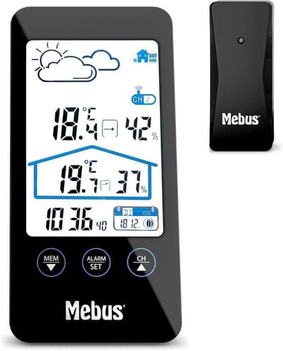 Weerstation met Sensor - Digitale Thermometer Hygrometer - Binnen Klimaat - Weersvoorspelling en Maanfase - 16 cm Hoogte - Zwart