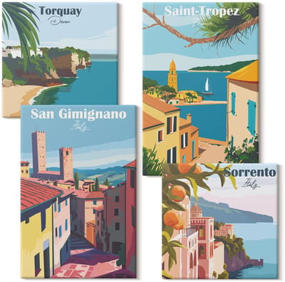 Wallfluent Set van canvas schilderijen - Italiaanse steden en retro kustlandschappen Canvas Schilderijen Set - Set van 4 Canvas Schilderijen - Veelkleurig Set van Canvas Prints - Steden Canvas Kunst Set - Boheemse Canvas Kunst Set