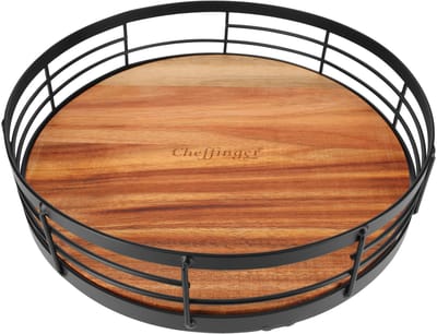 Cheffinger, Houten en Metalen Dienblad voor Keuken Draaibaar Roterend Ultra Praktisch, Zwart / Bruin