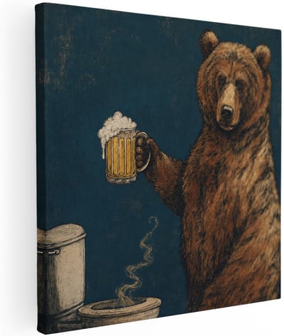 Artaza Canvas Schilderij Beerdrinkende Beer - Grappige Tekst - Donkerblauw - 50x50 cm - Wanddecoratie Woonkamer - Schilderijen - Muurdecoratie