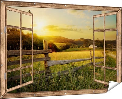 Gards Tuinposter Doorkijk Boerderij Hekken op het Grasveld - 180x120 cm - Tuindoek - Tuindecoratie - Wanddecoratie buiten - Tuinschilderij