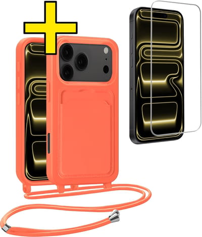 Hoesje Geschikt voor iPhone 17 Pro Telefoonhoesje Met Koord Case Pashouder Met Screenprotector Siliconen - Hoes Geschikt voor iPhone 17 Pro Hoesje Met Kaarthouder - Papaya