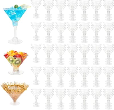 Dailygoods- Martini-glazen 100 stuks - Herbruikbare Cocktailglazen - Hoge Margarita-kopjes - Gouden Cocktail Picks - Duurzaam Polystyreen - Elegant Ontwerp