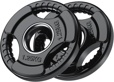 PhysKcal Olympische halterschijven met rubberen afwerking 2 '' opening en Tri-Grips, zwarte halterschijven in paar of enkel voor tillen en krachttraining, massieve gietijzeren kerngewichten set voor