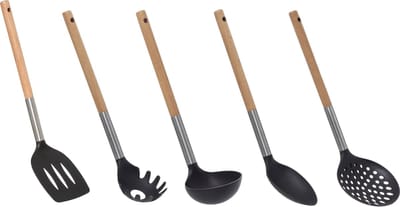 5Five Keukengerei opscheplepels en spatels set - 5x - zwart/lichtbruin - hout/rvs/kunststof - 32 cm