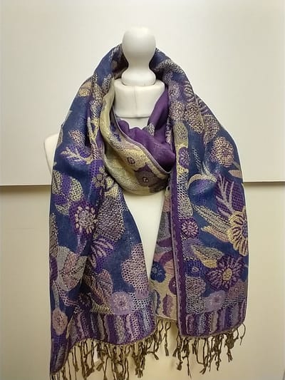 Lange dames sjaal Yvon-gebloemd motief-paars roze geel blauw wit zwart goud
