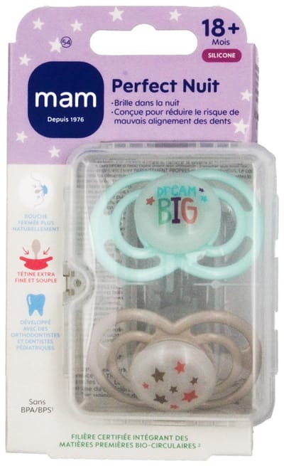 MAM 2 Fopspenen Perfect Nacht Trend 18 Maanden en + (Modellen : Grote droom met groene en beige sterren)