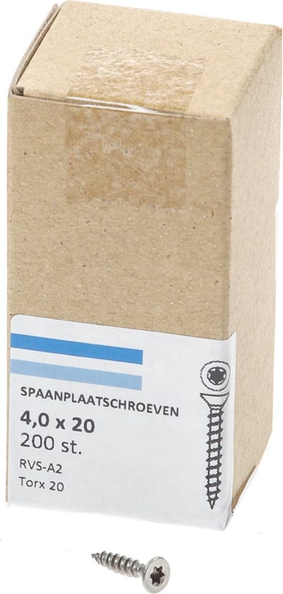 Hoenderdaal Spaanplaatschroef RVS platverzonken kop TX20 voldraad 4.0X20 (per 200 stuks)
