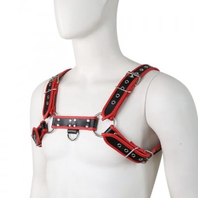 Nooitmeersaai - Bondage harnas met schouderbanden - PU leer - Zwart/rood - Verstelbaar
