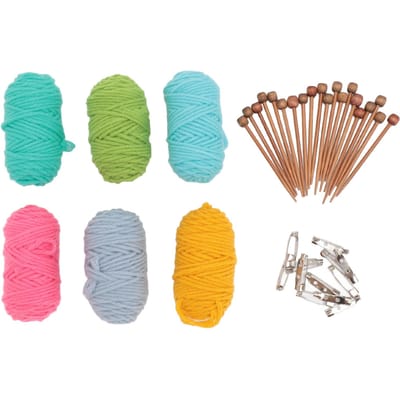 Mini Breigereedschap Set Enkelpuntige Breinaalden en 6 Kleuren Breigaren en Steekmarkeerders voor Walnut wood color