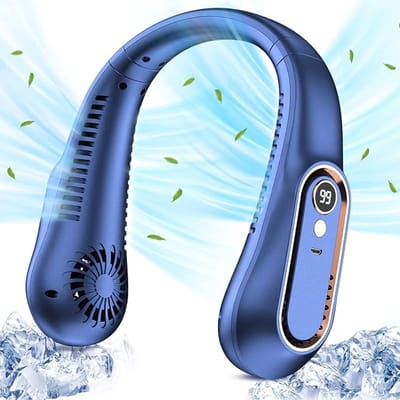 Draagbare nekventilator, 5 windsnelheden, unisex, 720° verticale luchtstroom, bladloze USB-oplaadbare ventilator, LED-display, handsfree ventilator, geschikt voor binnen- en buitenreizen en sport (blauw).