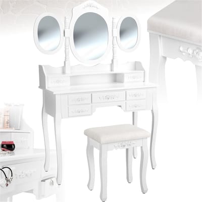 tectake® Make Up Tafel - Kaptafel met 7 Lades - Met Spiegel en Krukje - Make Up Stoel - Makeup Tafel Geschikt voor Kind en Volwassenen - Tafelhoogte 75 cm - Met Gestoffeerde Zitkruk