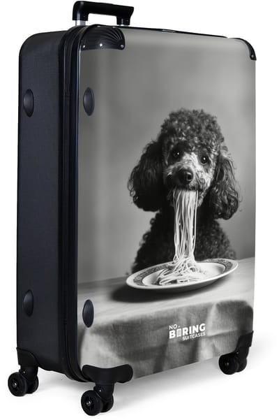 NoBoringSuitcases.com® - Koffer groot - Reiskoffer lichtgewicht - Poedel met bord spaghetti in zwart-wit - Rolkoffer met 4 wielen - Grote trolley XL - 98 liter bagage