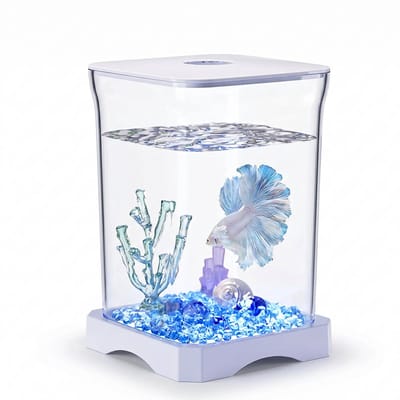 NordHaus Mini Aquarium - Betta Vissenkom - Desktop Visbak - Inclusief Sfeerverlichting - Wit 11,8 x 11,8 x 17,7 cm