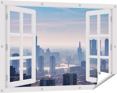 Gards Tuinposter Doorkijk Rotterdamse Skyline - 120x80 cm - Tuindoek - Tuindecoratie - Wanddecoratie buiten - Tuinschilderij