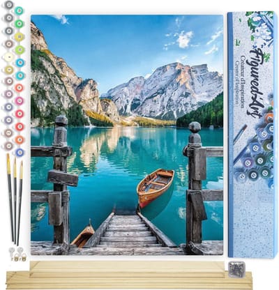 Figured'Art Schilderen op Nummer Volwassenen canvas Boot op het bergmeer - Handwerk acrylverf Kit DIY Compleet - 40x50cm met DIY houten lijst