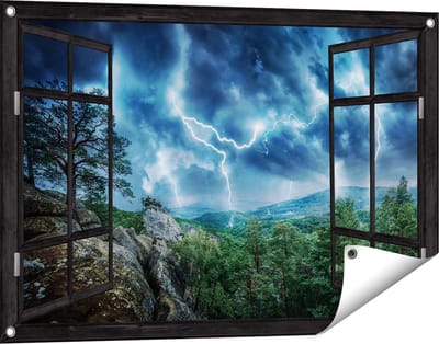 Gards Tuinposter Doorkijk Onweer in het Bos - Bliksem - 90x60 cm - Tuindoek - Tuindecoratie - Wanddecoratie buiten - Tuinschilderij