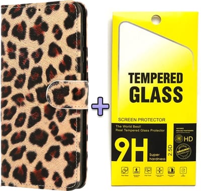 Casemania Hoesje Geschikt voor Samsung Galaxy S23 FE - Luipaard + Glazen Screenprotector - Portemonnee Book Case