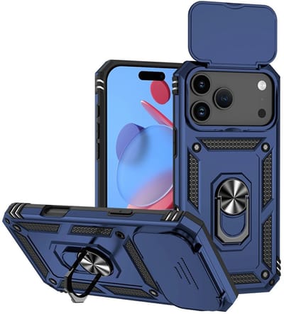 Coverup Hoesje - Geschikt voor iPhone 17 Pro Max Hoesje - Coverup Armor Ring Kickstand Back Cover met Camera Shield - Blauw