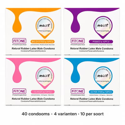 condooms mix pack– 40 stuks – condooms met ribbels – condooms extra dun – condooms noppen – condooms naturel – 4 varianten – condooms met glijmiddel – condooms 52 mm – FiTONE