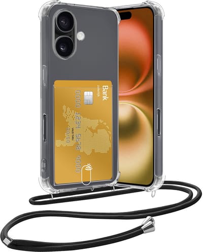 Hoesje Geschikt voor iPhone 16 Hoesje Met Telefoonketting Pasjeshouder Shockproof Case Koord - Hoesje Geschikt voor iPhone 16 Hoes Met Kaarthouder - Transparant