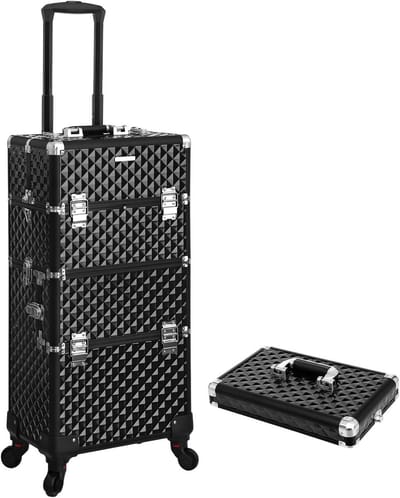 Trolley, make-up koffer, cosmeticakoffer, voor nageldesign, make-up organizer, koffer met draagdoos, zwart ,HMTM-BC-30019-BLACK