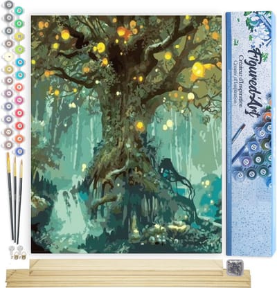 Figured'Art Schilderen op Nummer Volwassenen canvas Sprookjesboom - Handwerk acrylverf Kit DIY Compleet - 40x50cm met DIY houten lijst