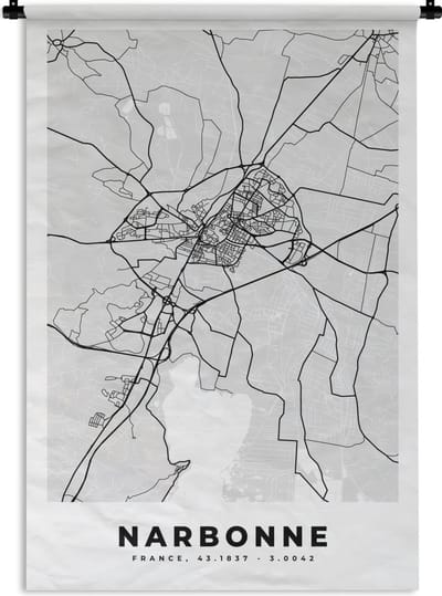 Wandkleed - Wanddoek - Stadskaart - Frankrijk - Kaart - Narbonne - Plattegrond - 120x180 cm - Wandtapijt