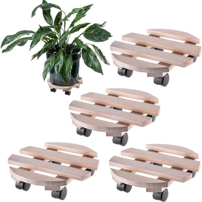 KADAX Bloempotstandaard op Wielen Houten Rond 30cm Set van 4