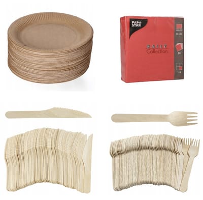 200 stuks x Houten wegwerp bestek set eco/milieubewust – 50 bruine kartonnen borden 23cm + 50 Vorken 16cm + 50 messen 16cm+ 50 servetten rood 32x32cm Feest/verjaardag/BBQ picknick